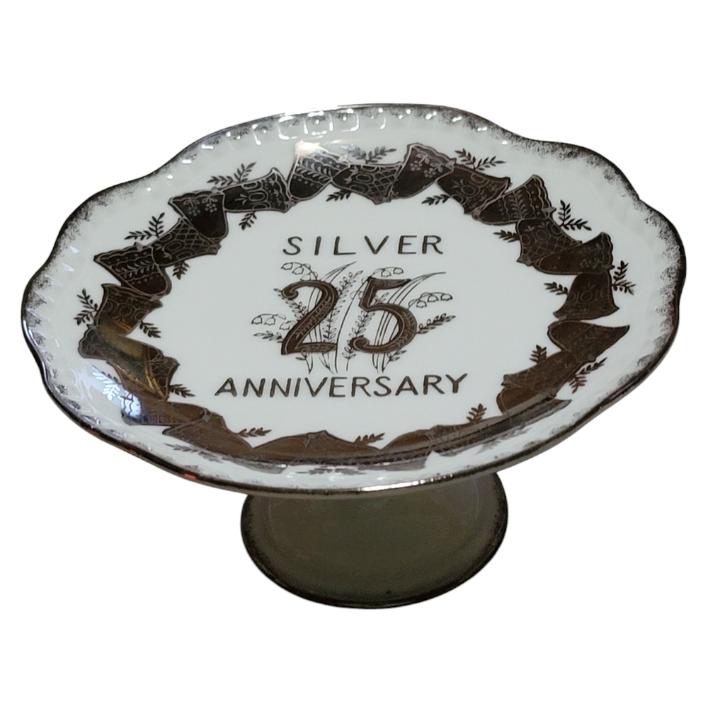 VINTAGE! NORCREST White/Silver 25th Anniversary Pedestal Server